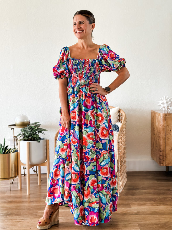 Smocked Poof Sleeve Floral Maxi Dress