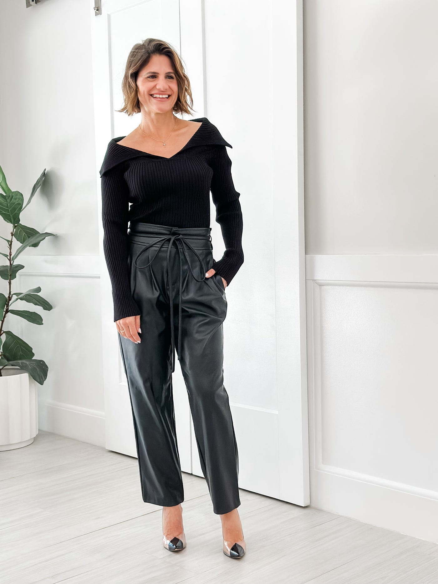 High Waisted Faux Leather Pants with Belt