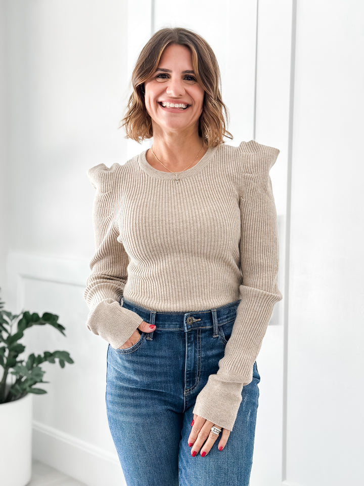 Taupe Long Puff Sleeve Sweater.