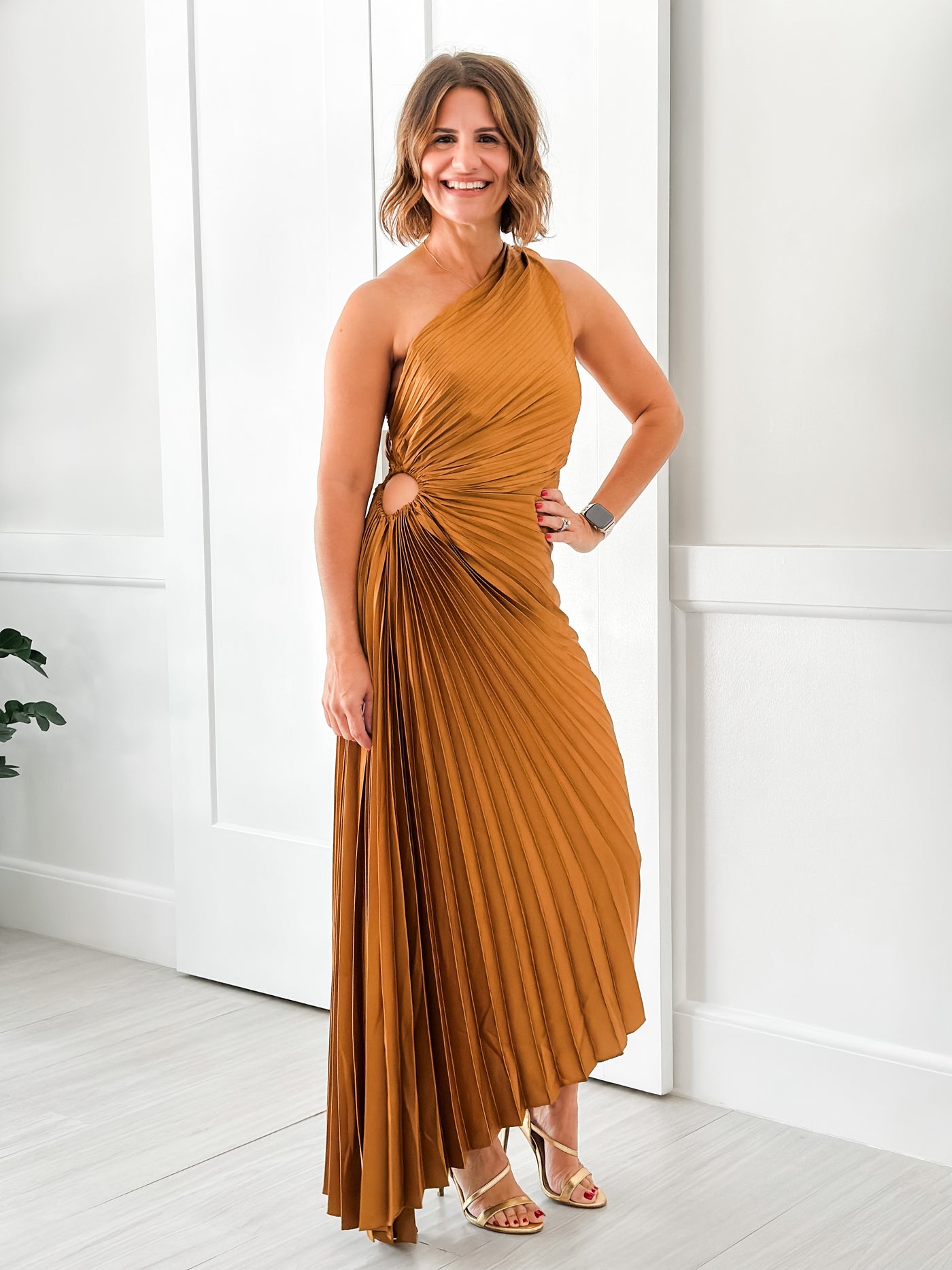 Golden Asymmetrical Pleated Maxi Dress
