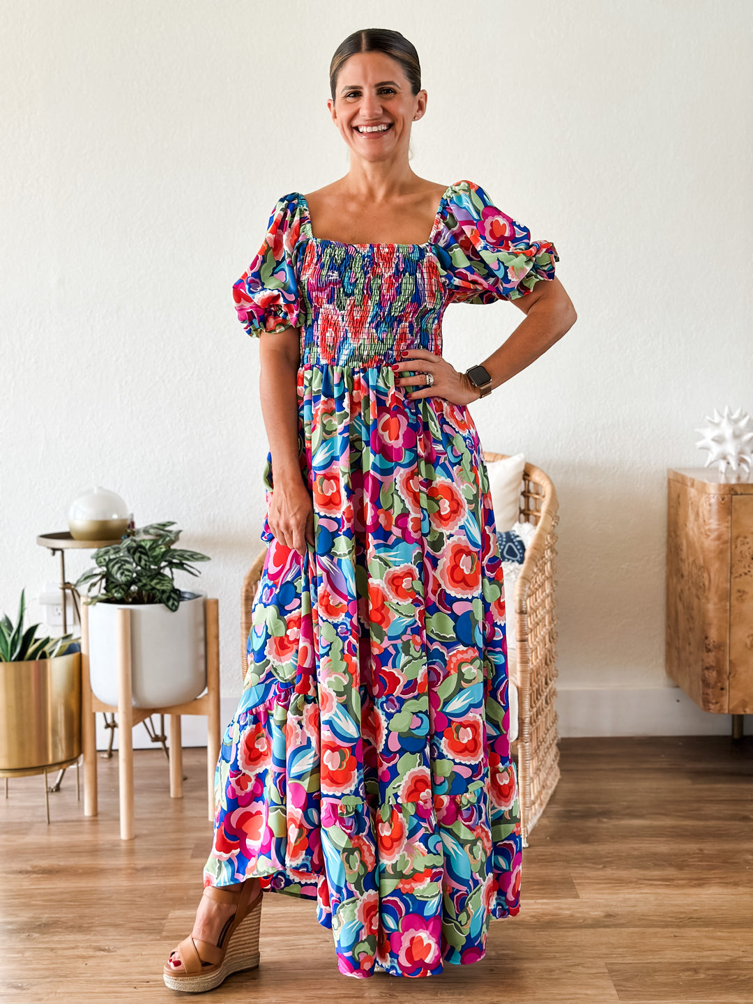 Smocked Poof Sleeve Floral Maxi Dress