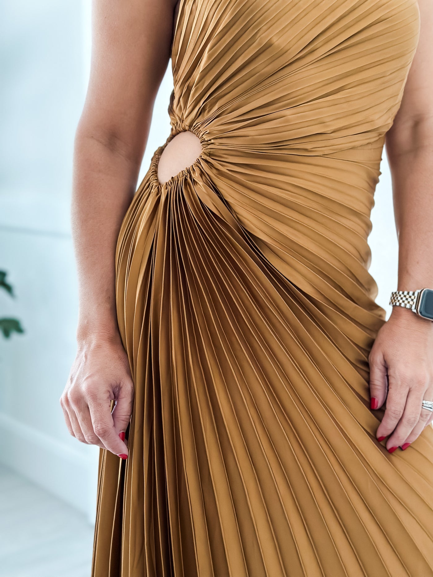 Golden Asymmetrical Pleated Maxi Dress