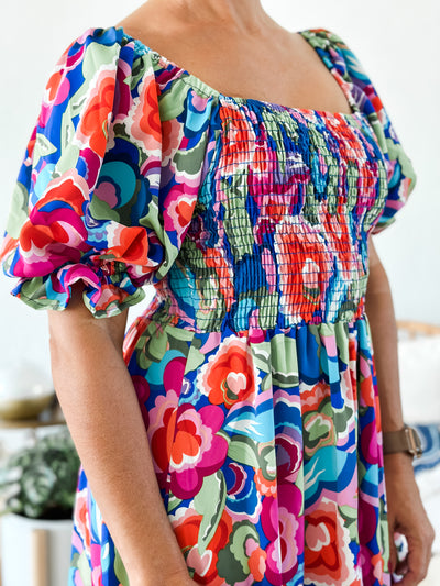 Smocked Poof Sleeve Floral Maxi Dress