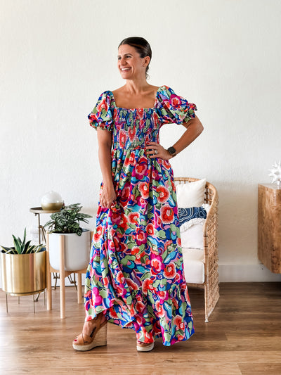 Smocked Poof Sleeve Floral Maxi Dress