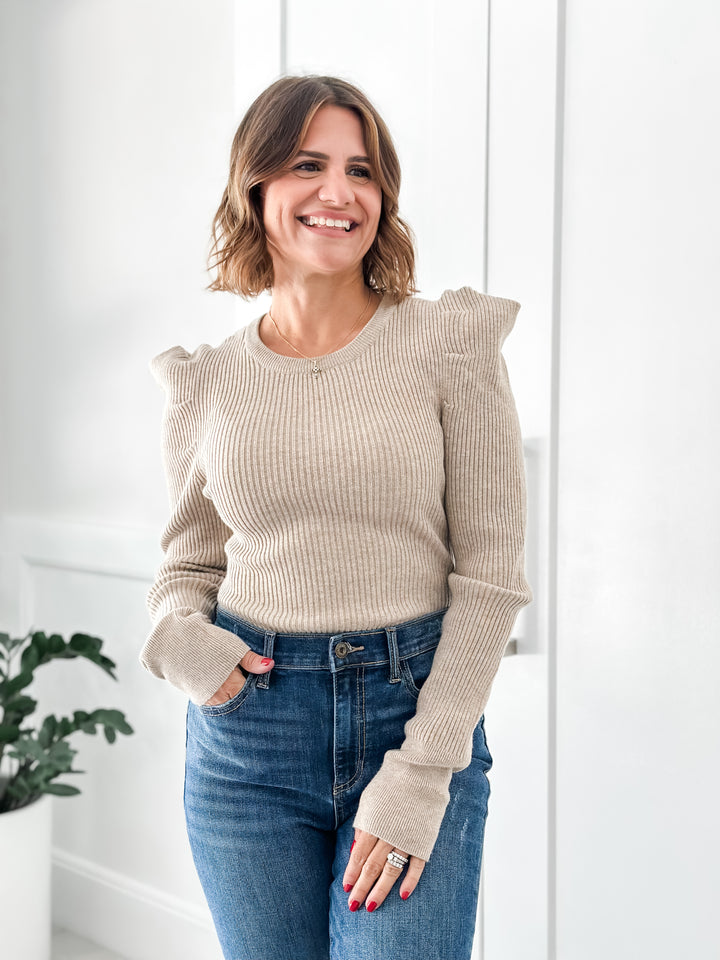 Taupe Long Puff Sleeve Sweater.