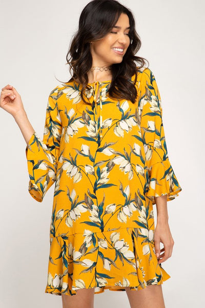 3/4 Sleeve Yellow Floral Midi Dress - Shop Habb