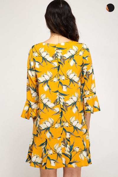 3/4 Sleeve Yellow Floral Midi Dress - Shop Habb