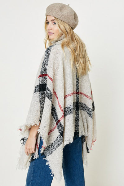 Beige Plaid Turtleneck Poncho Sweater - Shop Habb