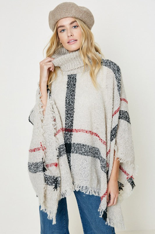 Beige Plaid Turtleneck Poncho Sweater - Shop Habb