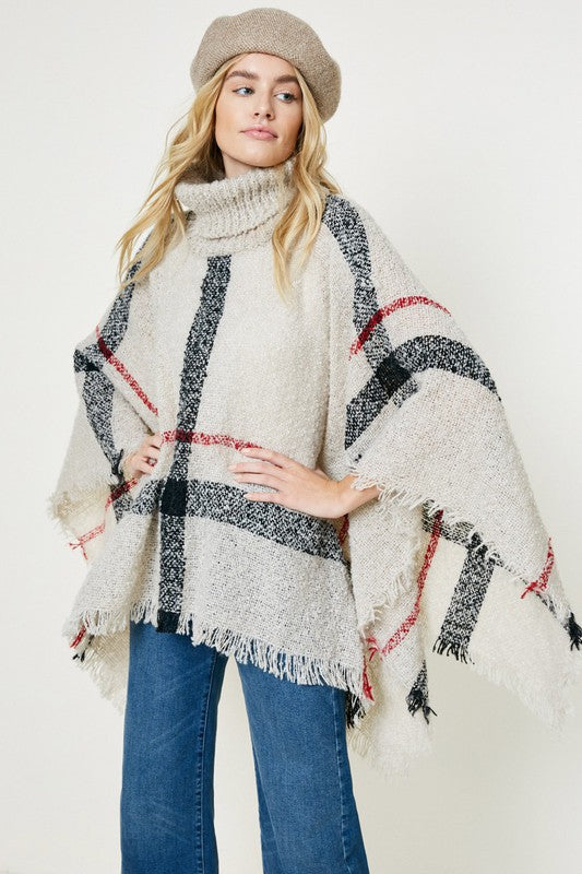 Beige Plaid Turtleneck Poncho Sweater - Shop Habb