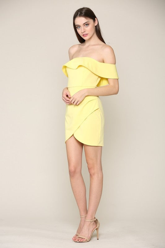 Yellow Off The Shoulder Mini Wrap Dress - Shop Habb