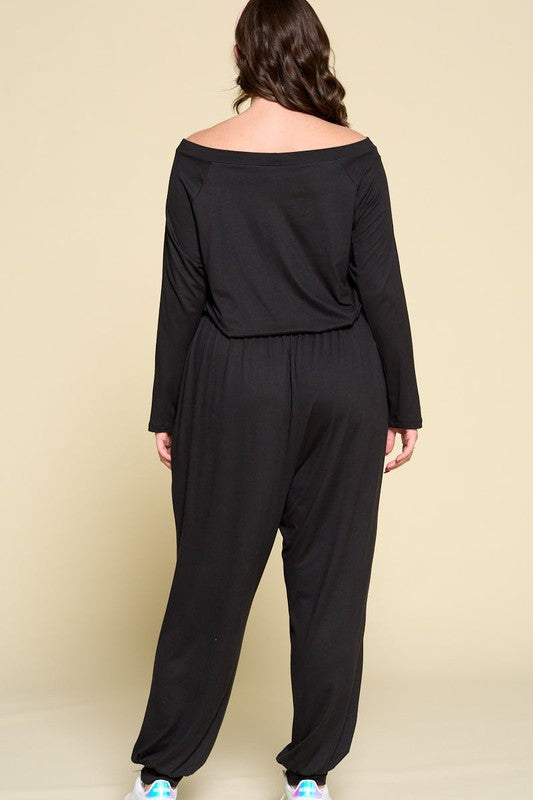 Plus Size Black Long Sleeve Off-Shoulder Jumpsuit - Shop Habb