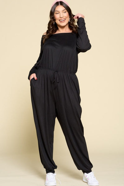 Plus Size Black Long Sleeve Off-Shoulder Jumpsuit - Shop Habb