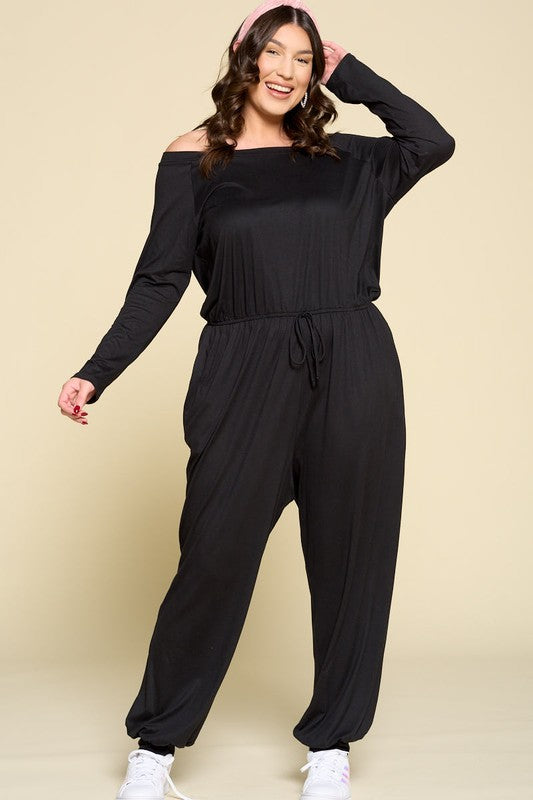 Plus Size Black Long Sleeve Off-Shoulder Jumpsuit - Shop Habb