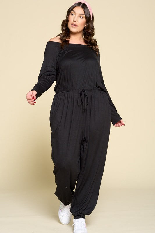 Plus Size Black Long Sleeve Off-Shoulder Jumpsuit - Shop Habb