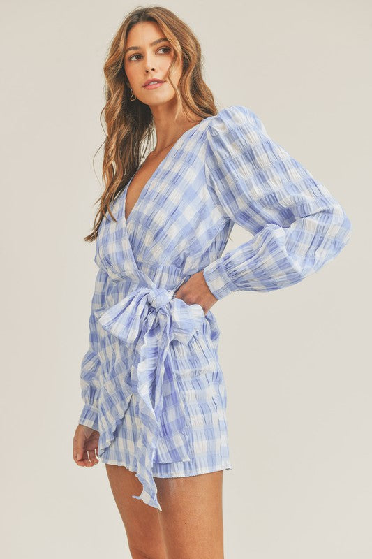 Textured Gingham Wrap Dress - Shop Habb