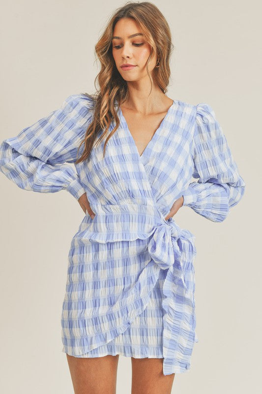 Textured Gingham Wrap Dress - Shop Habb