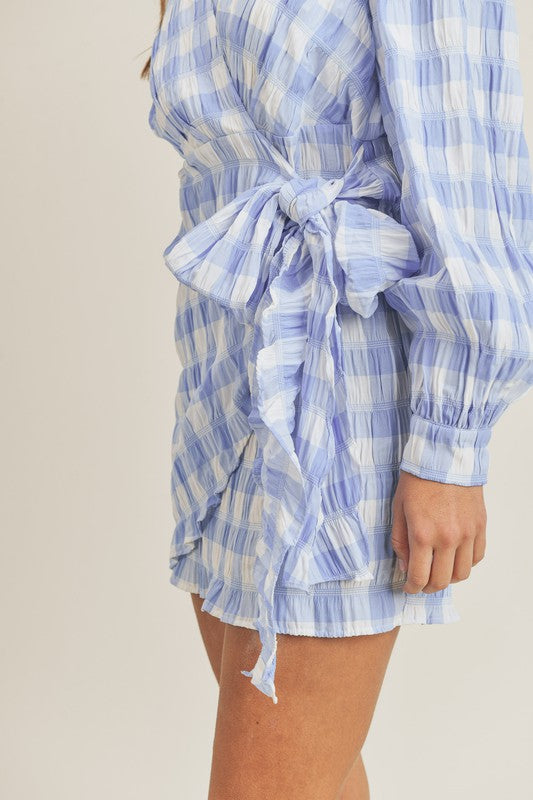 Textured Gingham Wrap Dress - Shop Habb