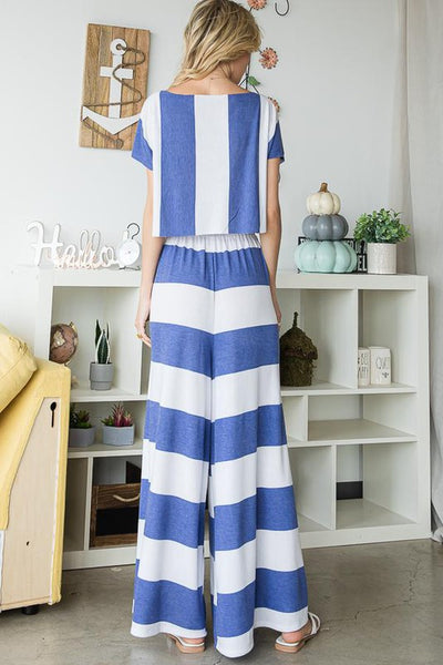 Blue & White Striped Flowy Wide Leg Pants - Shop Habb
