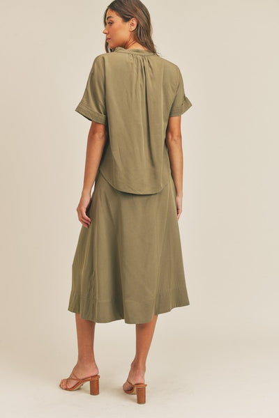 Olive Short Sleeve Midi Skirt Set - Shop Habb