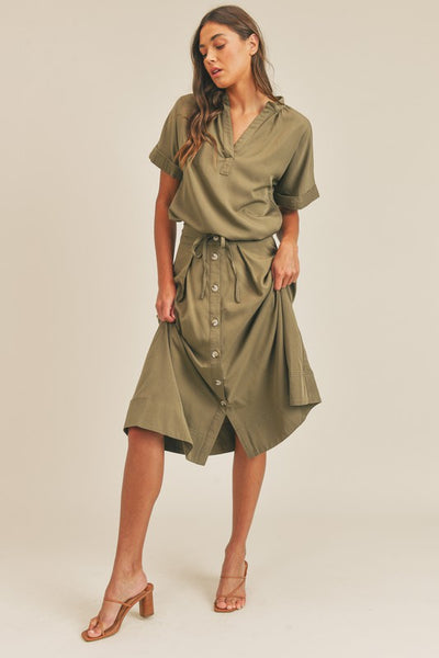 Olive Short Sleeve Midi Skirt Set - Shop Habb