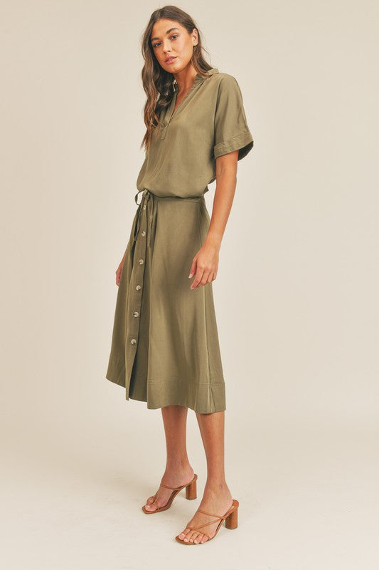 Olive Short Sleeve Midi Skirt Set - Shop Habb