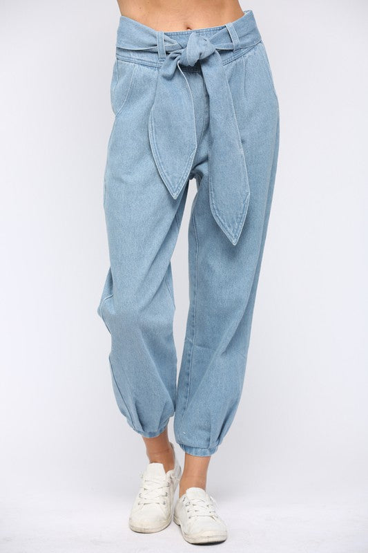 High Waisted Tie Denim Pants - Shop Habb