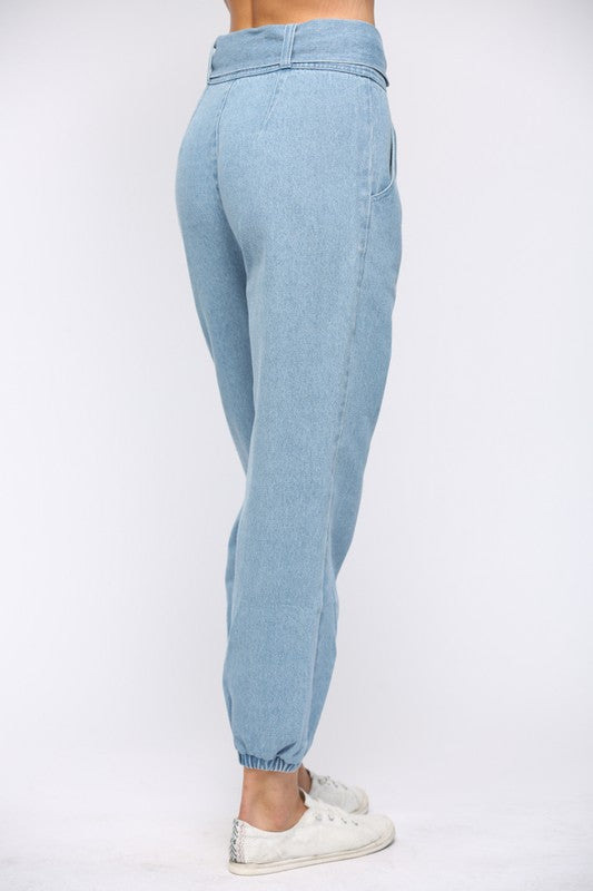 High Waisted Tie Denim Pants - Shop Habb