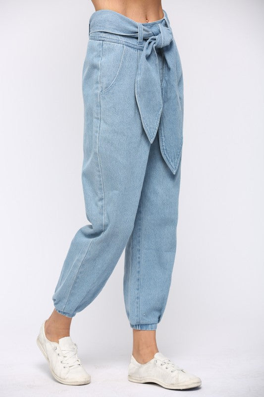 High Waisted Tie Denim Pants - Shop Habb