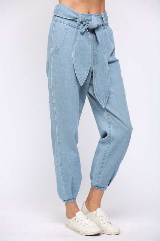 High Waisted Tie Denim Pants - Shop Habb