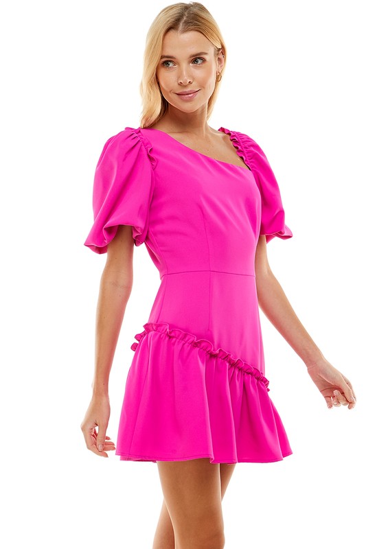 Asymmetrical Puff Sleeve Dress - Shop Habb