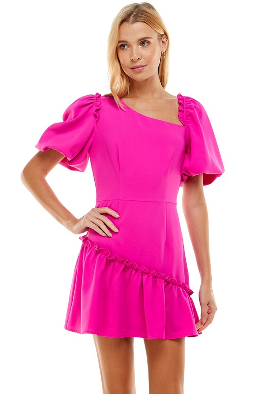 Asymmetrical Puff Sleeve Dress - Shop Habb