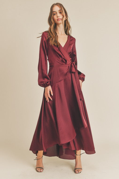 Raisin Wine Satin Wrap Maxi Dress