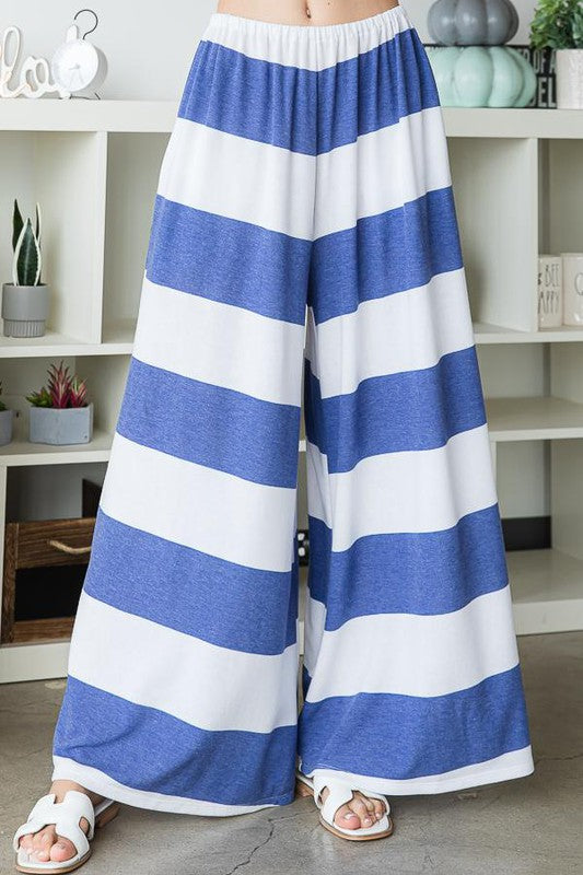 Blue & White Striped Flowy Wide Leg Pants - Shop Habb