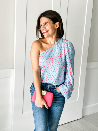 HEARTS ALL OVER ONE SHOULDER TOP