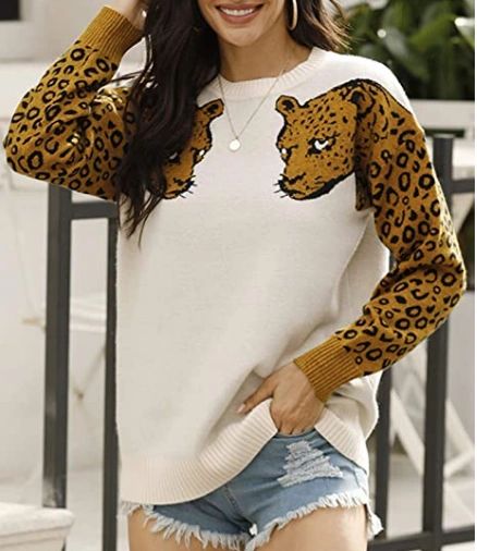 White Sweater with Leopard Sleeves - Shop Habb