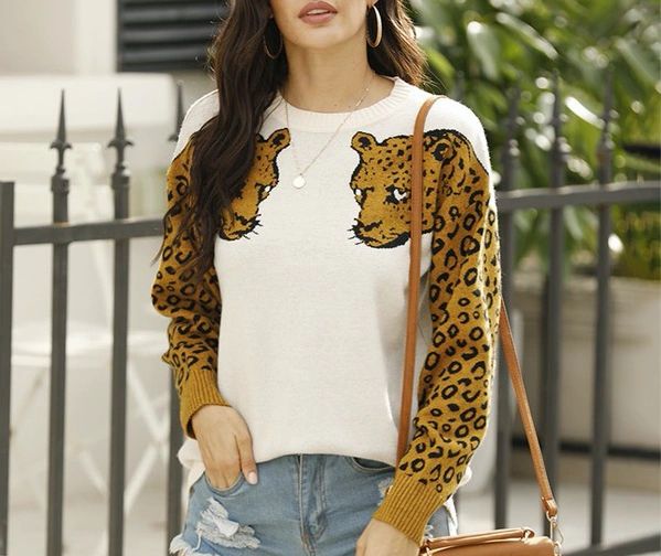 White Sweater with Leopard Sleeves - Shop Habb