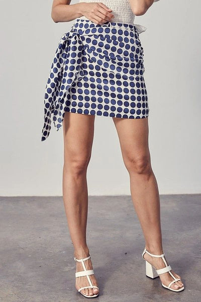 White & Navy Blue Polka Dot Side Tie Skirt - Shop Habb