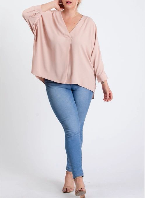 Plus Size Blush Pink V-Neck Blouse - Shop Habb