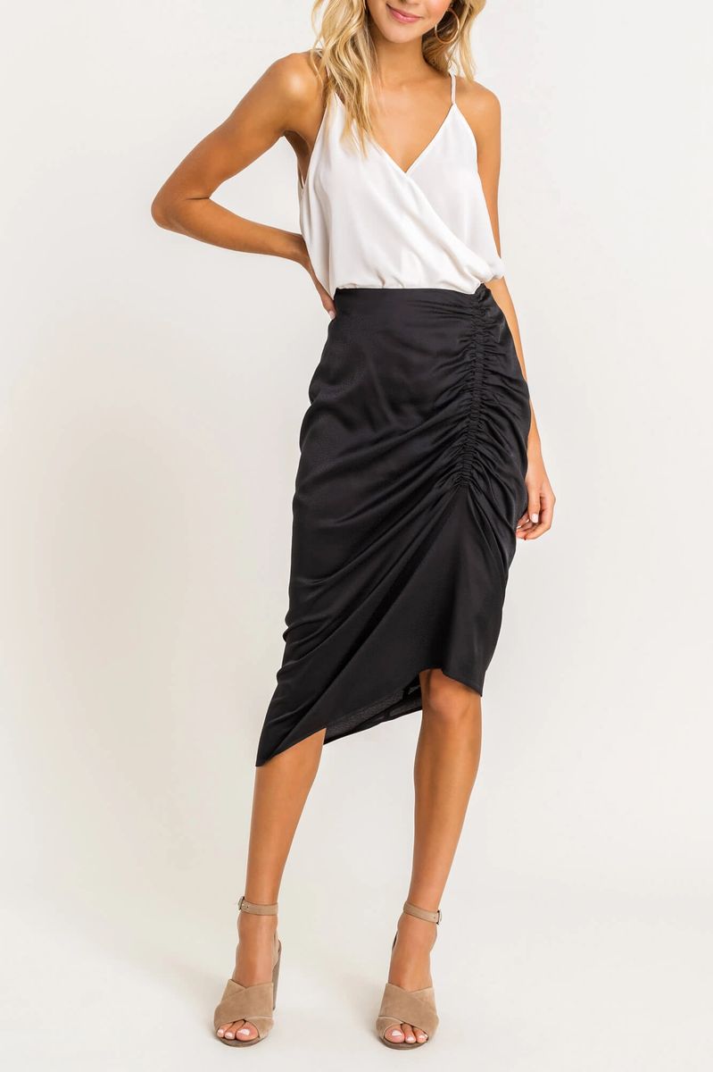 High Waisted Satin Rouched Midi Skirt - Shop Habb