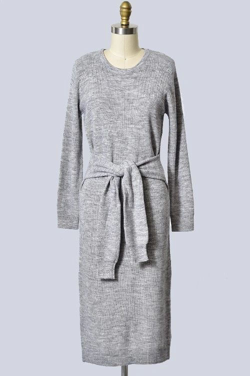 Gray Tie Waist Sweater Dress - Shop Habb