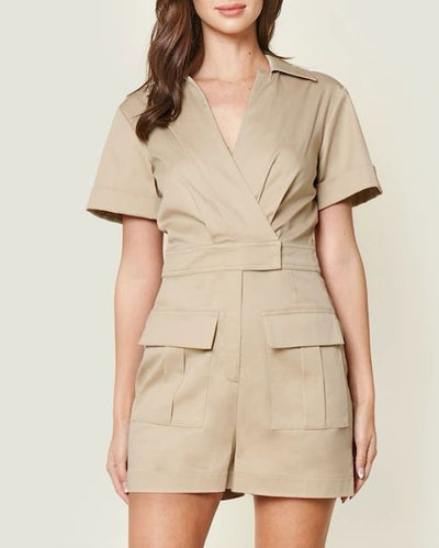 Beige Short Sleeve Utility Romper with Pockets - Shop Habb