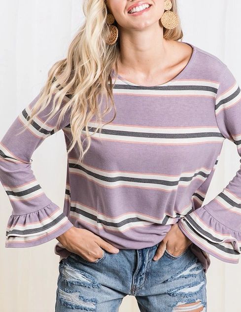 Purple Stripe Knit Bell Sleeve Top - Shop Habb