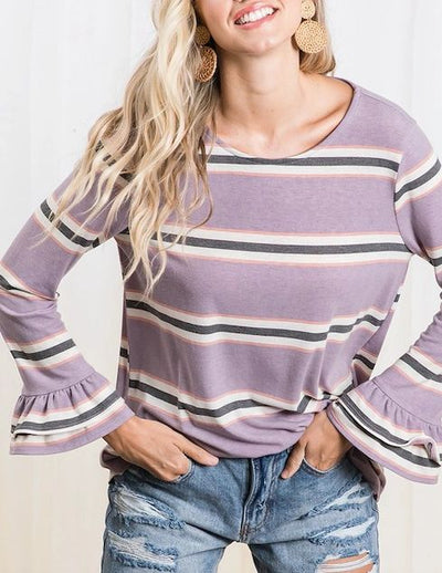 Purple Stripe Knit Bell Sleeve Top - Shop Habb