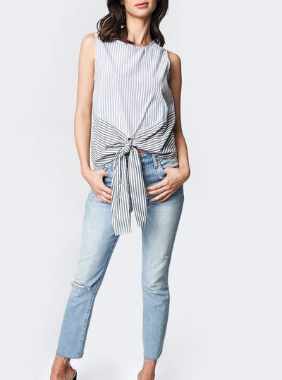 Blue Striped Sleeveless Tie Front Top - Shop Habb
