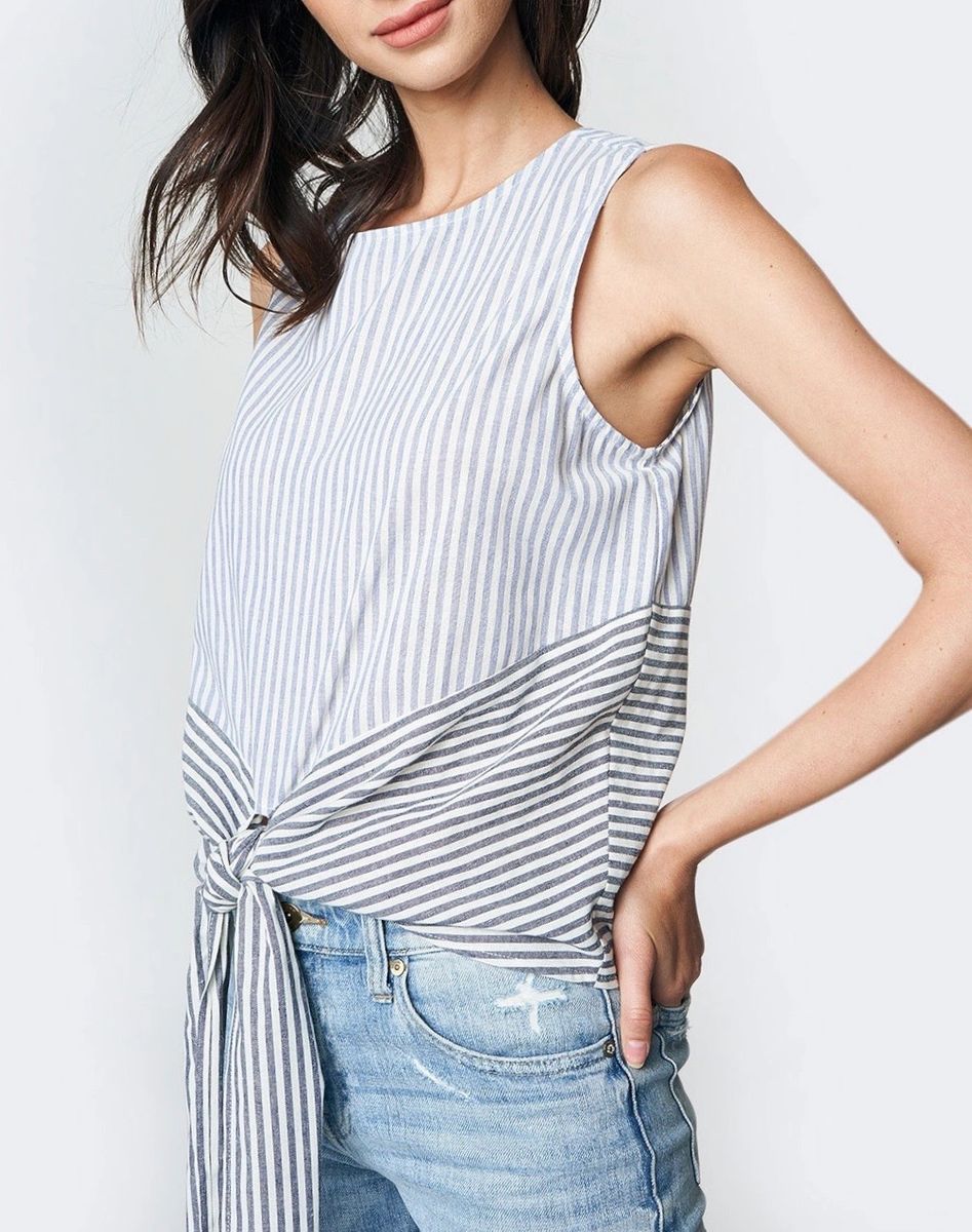 Blue Striped Sleeveless Tie Front Top - Shop Habb