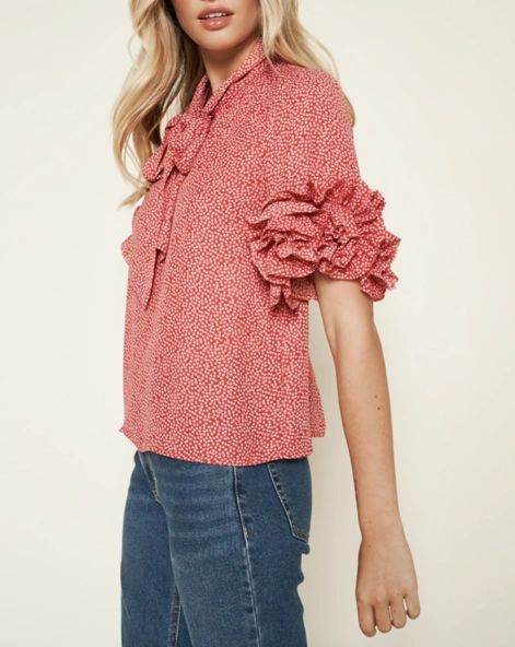 Ruffle Sleeve Tie Neck Blouse - Shop Habb