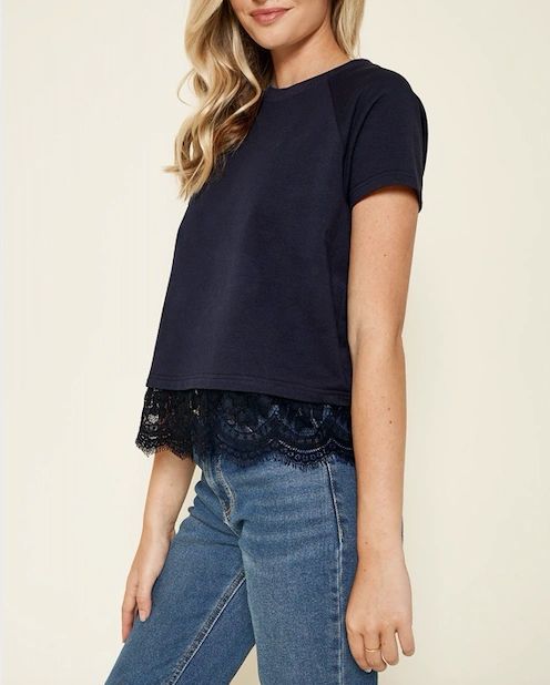 Navy T-Shirt Scallop Lace Trim - Shop Habb